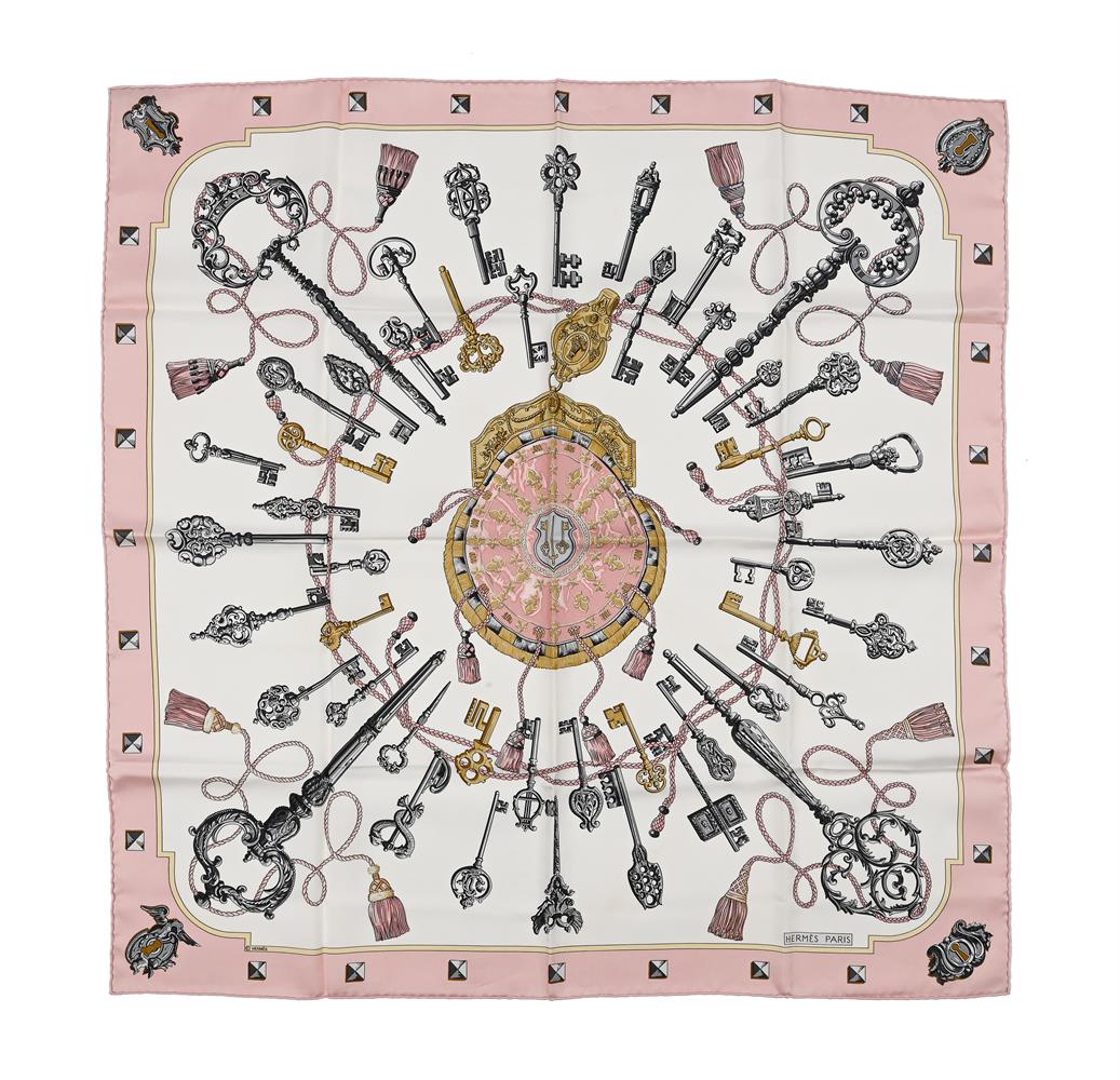 HERMÈS, LES CLES, A CREAM AND PINK SILK SCARF