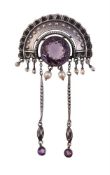 AN EARLY 20TH CENTURY SILVER, AMETHYST AND PEARL BROOCH, CIRCA 1910
