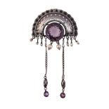 AN EARLY 20TH CENTURY SILVER, AMETHYST AND PEARL BROOCH, CIRCA 1910