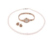 A CULTURED PEARL NECKLACE, A PAIR OF ROPE TWIST KNOT EAR STUDS AND A 9 CARAT GOLD WRIST WATCH