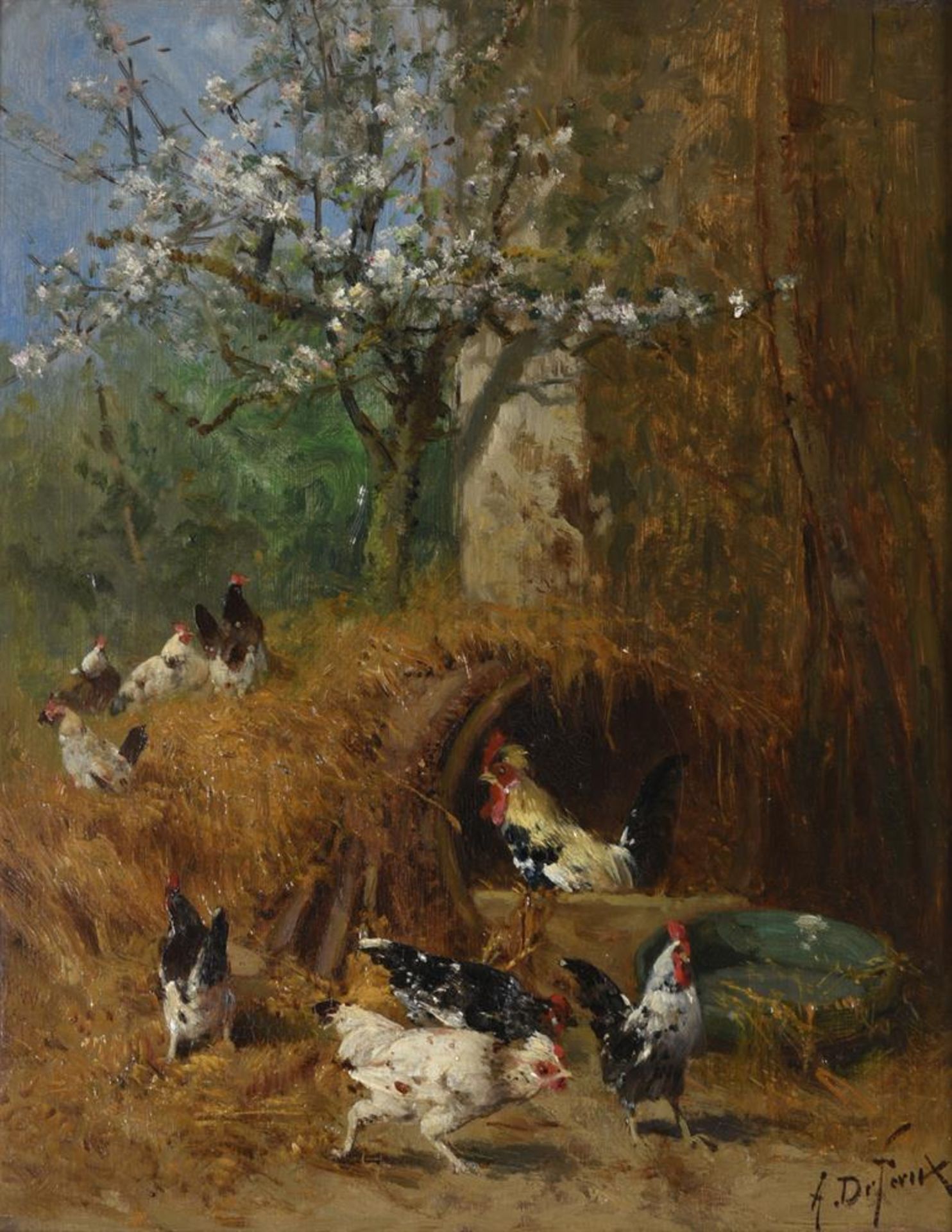 ALEXANDRE DEFAUX (FRENCH 1826-1900), CHICKENS FEEDING UNDER A CHERRY TREE - Image 2 of 3