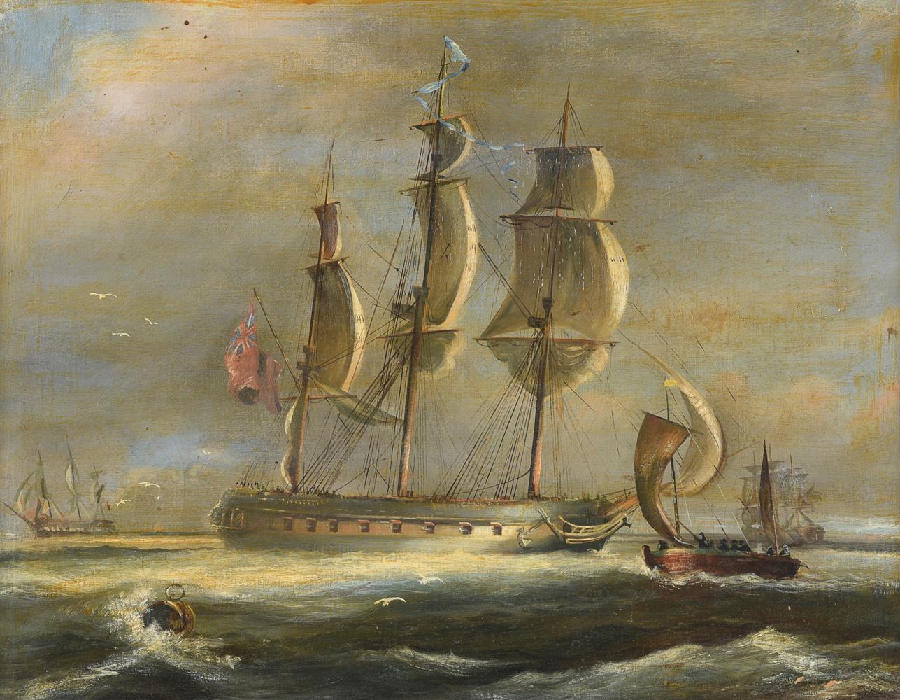 ENGLISH SCHOOL (C. 1800), MARITIME VIEW, NAVAL SHIPS AT SEA - Image 2 of 3