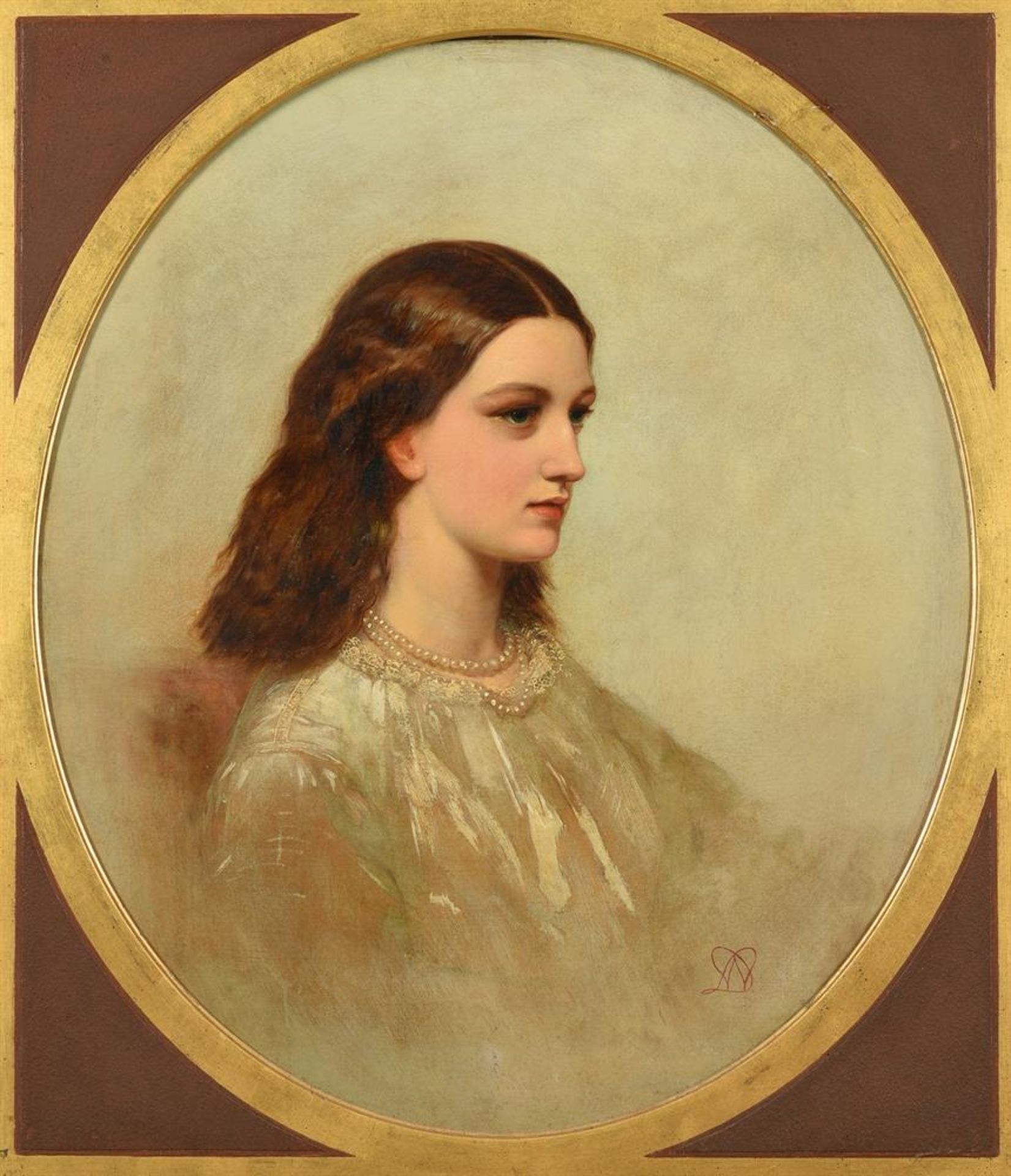 ENGLISH SCHOOL (19TH CENTURY), PORTRAIT OF A GIRL WITH A PEARL NECKLACE, DRESSED IN WHITE - Image 2 of 3