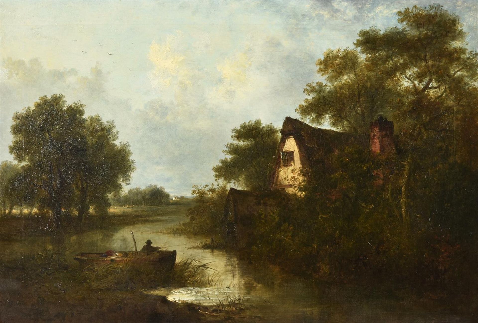 ENGLISH SCHOOL (19TH CENTURY), RIVER LANDSCAPE WITH A FISHERMAN IN A BOAT BY A COTTAGE - Image 2 of 3