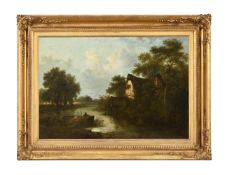 ENGLISH SCHOOL (19TH CENTURY), RIVER LANDSCAPE WITH A FISHERMAN IN A BOAT BY A COTTAGE