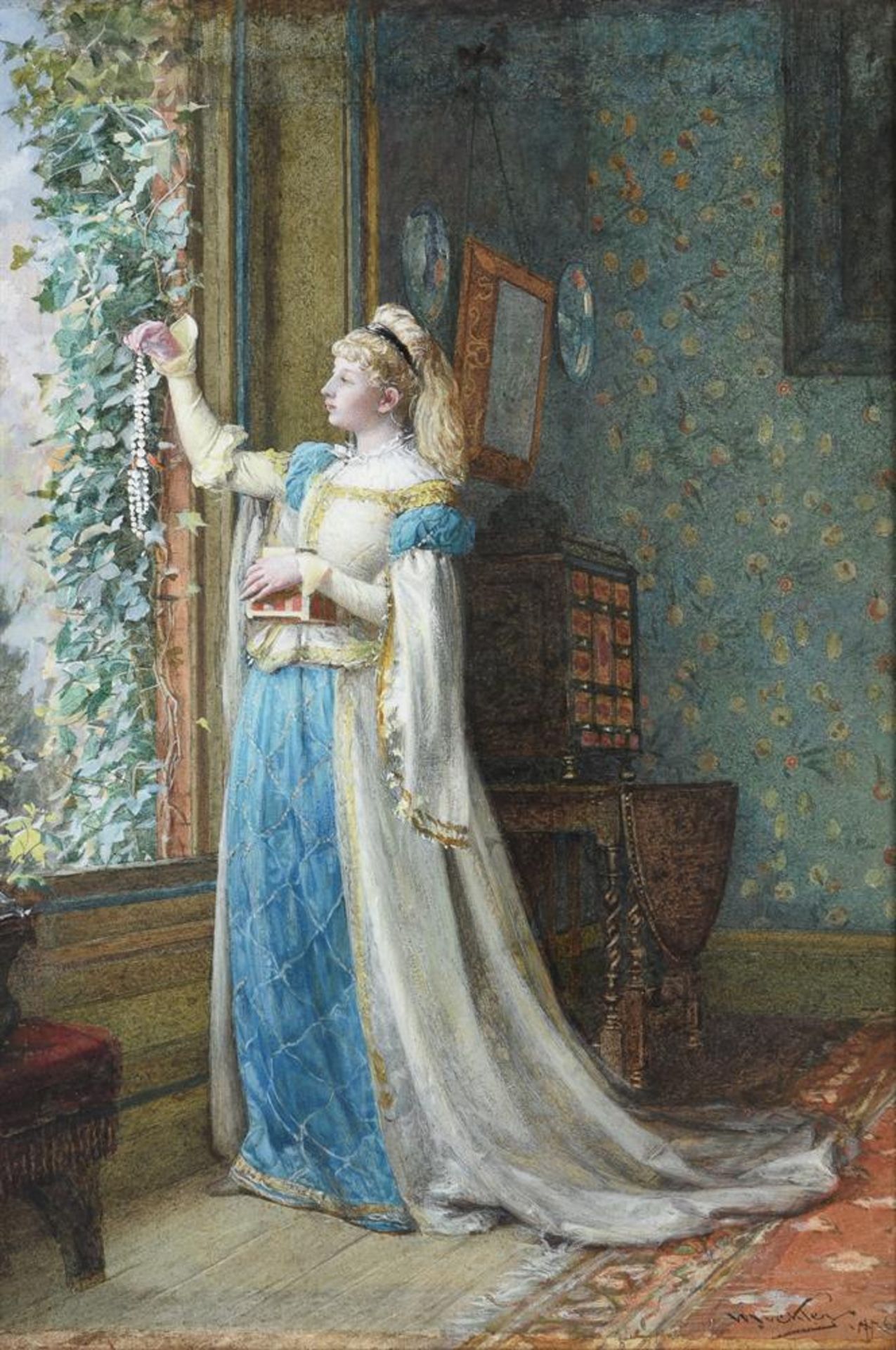 WILLIAM JABEZ MUCKLEY (BRITISH 1837-1905), A LADY HOLDING PEARLS AT A WINDOW - Bild 2 aus 4