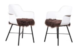 A PAIR OF WHITE MOULDED PLASTIC AND BLACK PAINTED METAL CHAIRS