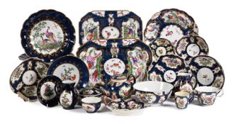 A SELECTION OF WORCESTER BLUE-SCALE GROUND PORCELAIN MOSTLY DECORATED WITH 'FANCY' BIRDS