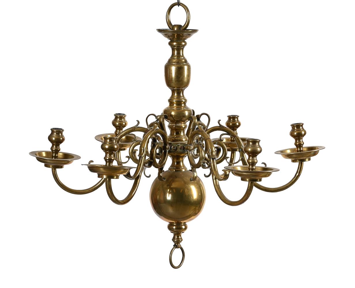 A DUTCH BRASS SIX LIGHT CHANDELIER