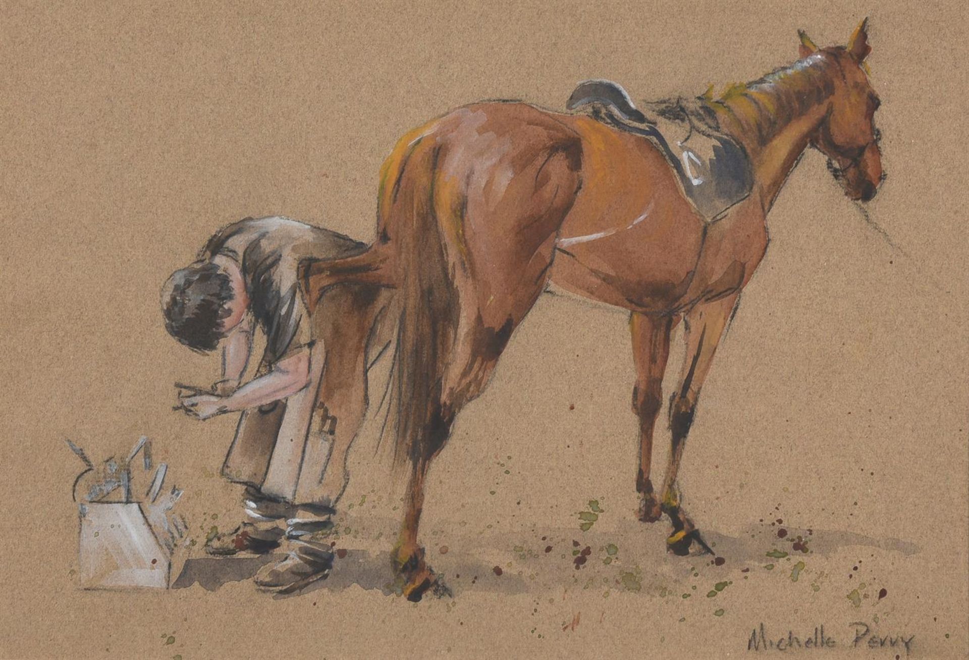 λ MICHELLE PERRY (BRITISH 20TH CENTURY), SHOEING A HORSE, A PAIR - Image 3 of 3