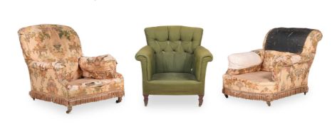 A MATCHED PAIR OF VICTORIAN UPHOLSTERED ARMCHAIRS