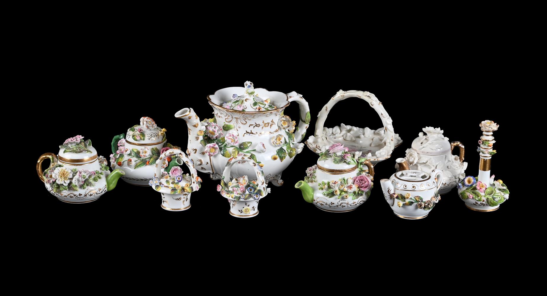 A SELECTION OF ROCKINGHAM FLOWER ENCRUSTED PORCELAIN