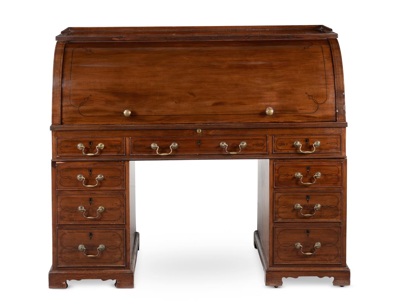 A GEORGE IV MAHOGANY AND EBONY INLAID TWIN PEDESTAL ROLL-TOP DESK