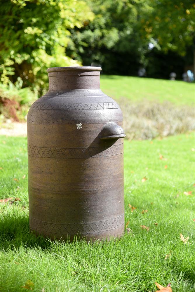 A SALT GLAZED STONEWARE TWO-HANDLE CHURN OR WATER CISTERN