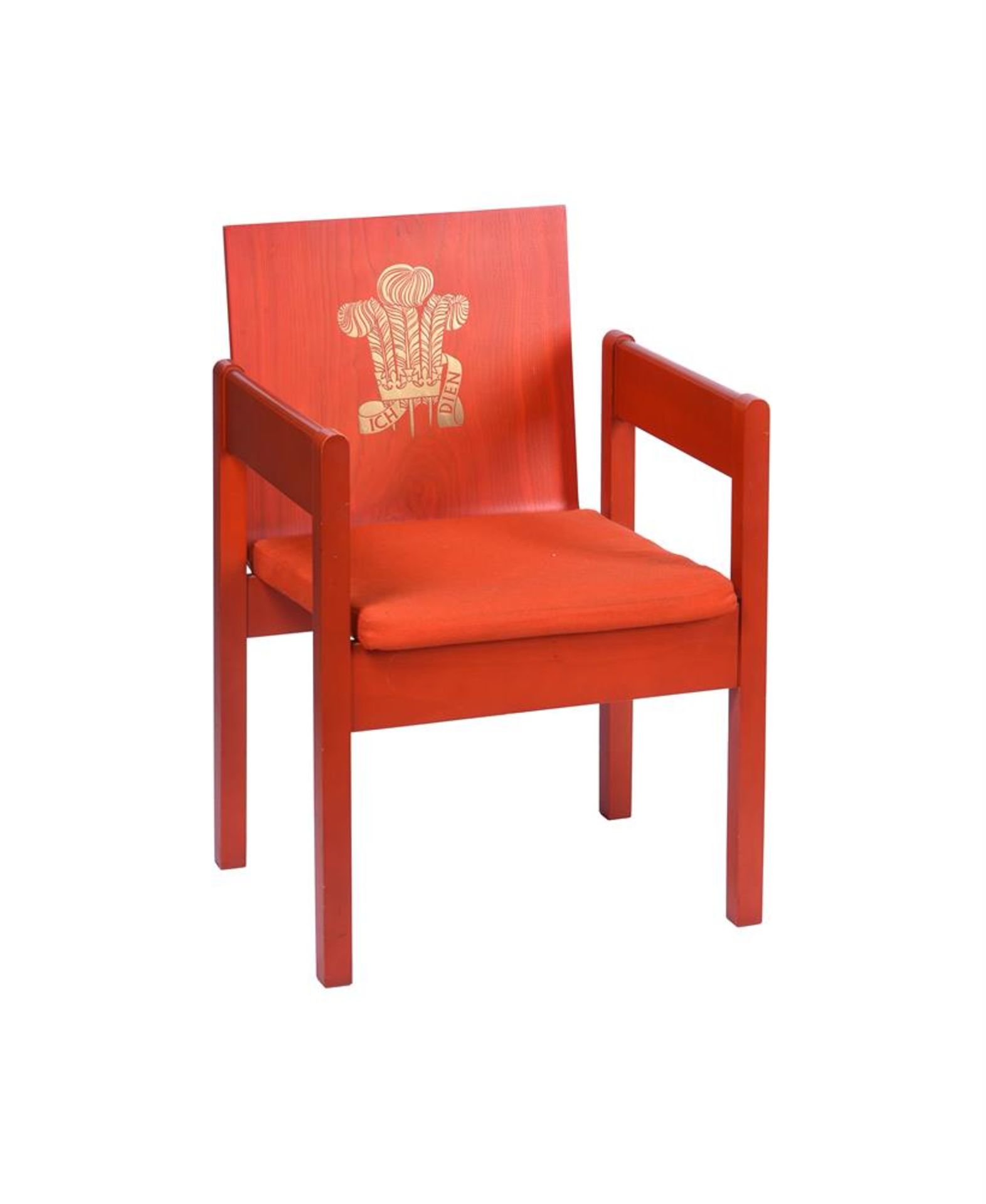 A RED PAINTED ARMCHAIR FROM THE INVESTITURE OF CHARLES, PRINCE OF WALES