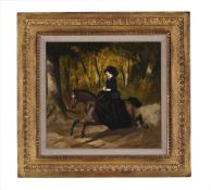 FOLLOWER OF ALFRED DE DREUX (19TH CENTURY), A LADY RIDING A HORSE IN A WOODED LANDSCAPE