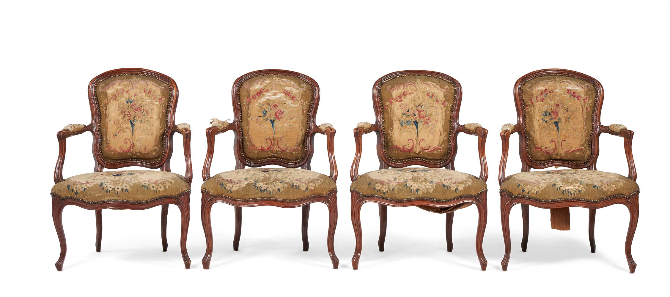A SET OF FOUR FRENCH BEECH FAUTEUILSIN LOUIS XV STYLE