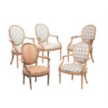 A SET OF FOUR BEECH AND UPHOLSTERED ARMCHAIRS IN FRENCH HEPPLEWHITE STYLE