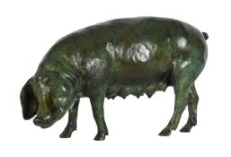 A VERDIGRIS PATINATED METAL MODEL OF A STANDING SOW
