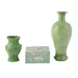 THREE CHINESE LIME-GREEN GLAZED PORCELAIN