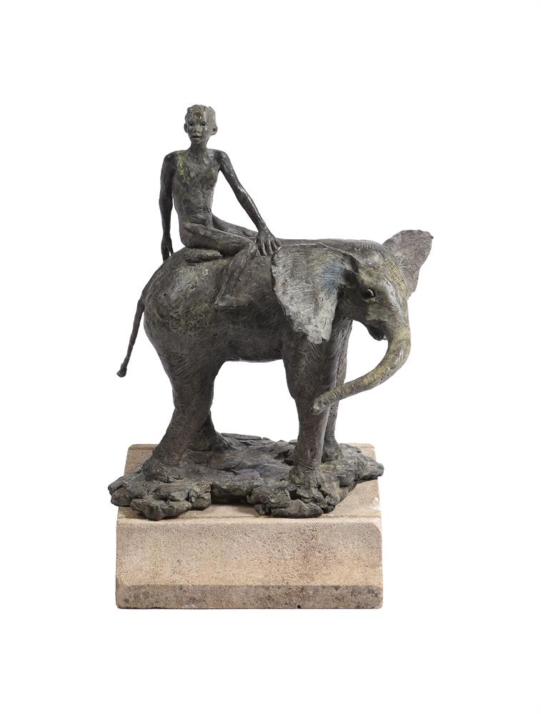 λ JANE HAMILTON (BRITISH B. 1950), A SIGNED LIMETED EDIITON BRONZE MODEL OF A BOY RIDING AN ELEPHANT