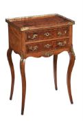A FRENCH WALNUT, YEW, AND PARQUETRY TWO DRAWER SIDE TABLE