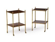 A PAIR OF MAHOGANY AND GILT METAL TWO TIER ETAGERES IN REGENCY STYLE