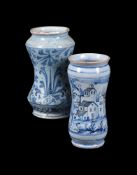 A SAVONA MAIOLICA BLUE AND WHITE DATED ALBERELLO OF WAISTED FORM