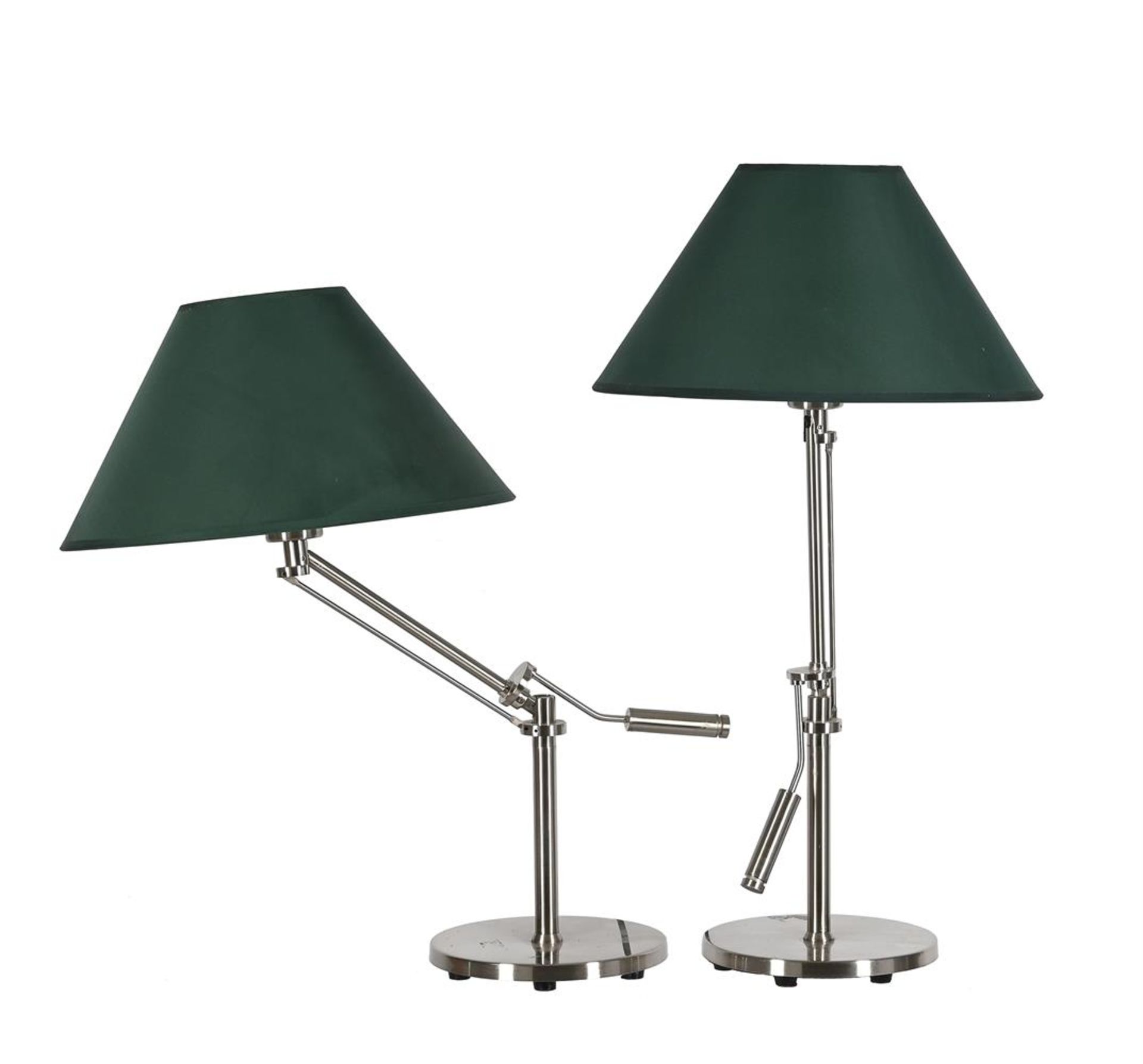 A PAIR OF WHITE COMPANY BRUSHED STEEL ADJUSTABLE TABLE LAMPS WITH GREEN SHADES - Image 2 of 2