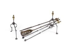 A SET OF THREE POLISHED STEEL AND BRASS FIRE-IRONS