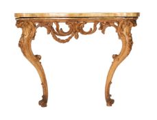 A GILTWOOD AND COMPOSITION, MARBLE TOPPED, CENTRE TABLE