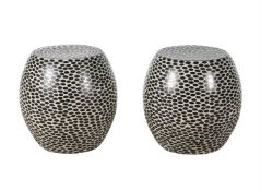 A PAIR OF CRACKLE-GLAZED PORCELAIN GARDEN SEATS IN THE MANNER OF YAYOI KUSAMA