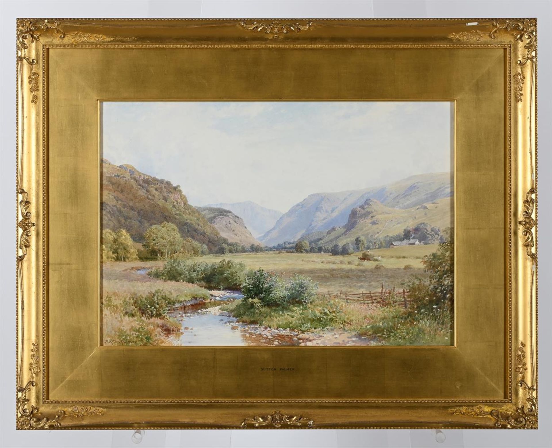 HARRY SUTTON PALMER (BRITISH 1854-1933), UPLAND RIVER LANDSCAPE WITH MOUNTAINS BEYOND - Image 3 of 3