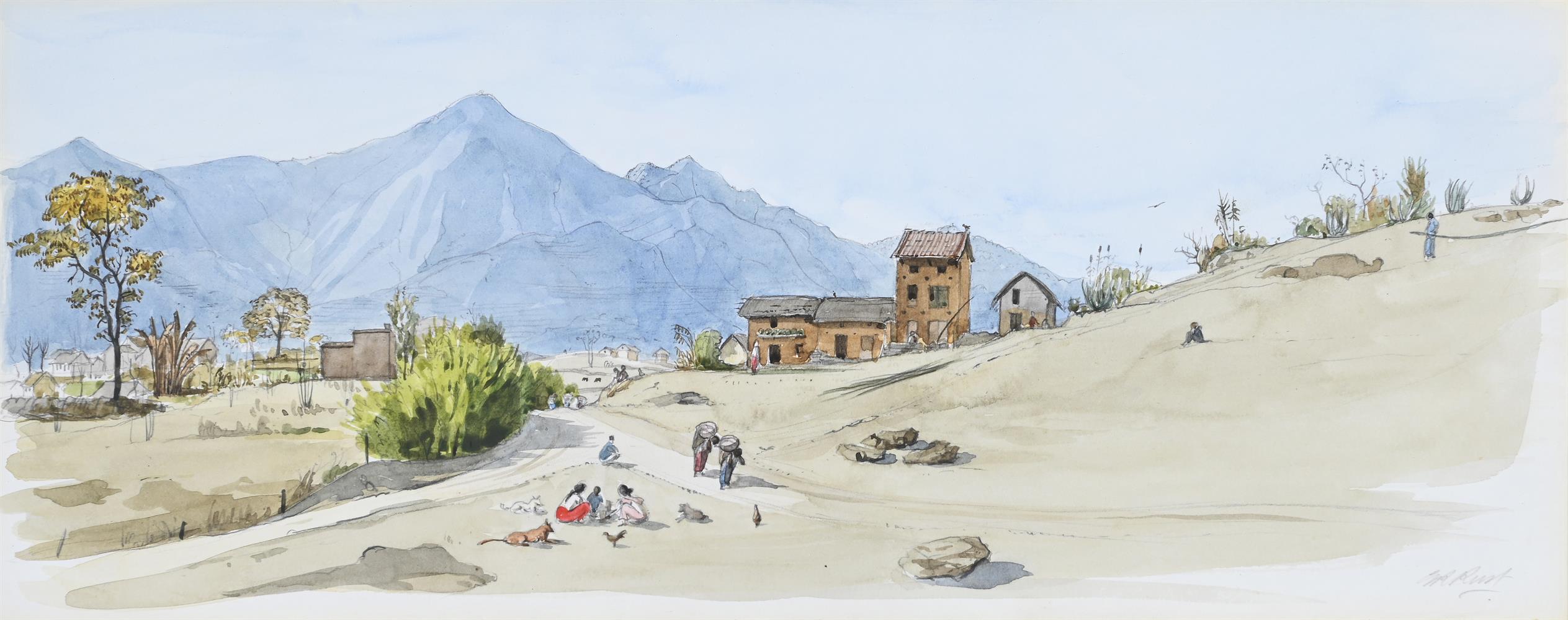 λ GRAHAM RUST (BRITISH B. 1942), FIGURES BEFORE A MOUNTAIN VILLAGE - Image 2 of 3