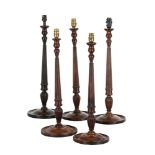 A SET OF FIVE MAHOGANY FLUTED TABLE LAMPS IN GEORGE III STYLE