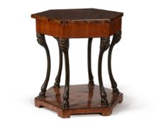 A CONTINENTAL MAHOGANY, FRUITWOOD AND BURR BIRCH CENTRE TABLE OR WORK TABLE