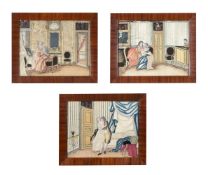 A SET OF THREE SICILIAN COLLAGE AND APPLIQUE PICTURES OF INTERIORS