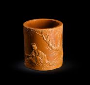 A CHINESE BROWN-GLAZED 'LADY' BRUSHPOT