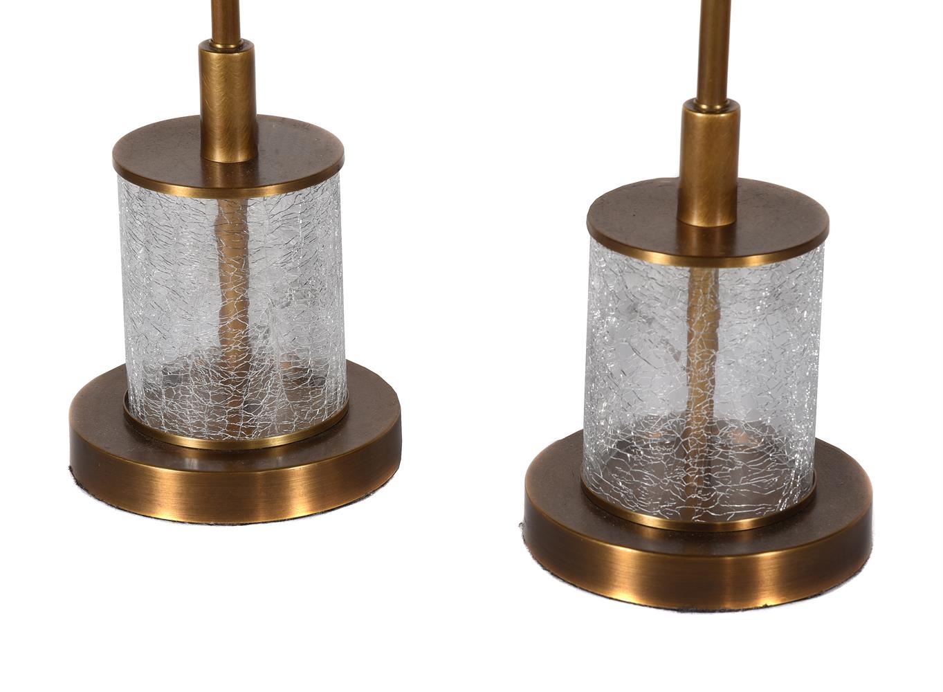 A PAIR OF GILT METAL TWIN LIGHT TABLE LAMPS WITH CRACKLED-GLASS BASES - Image 2 of 2
