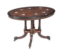 A VICTORIAN WALNUT, EBONISED, AND IVORY INLAID CENTRE TABLE