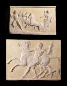 TWO FIBERGLASS RELIEF MOULDED PANELS AFTER ANCIENT GREEK CARVED FRIEZES