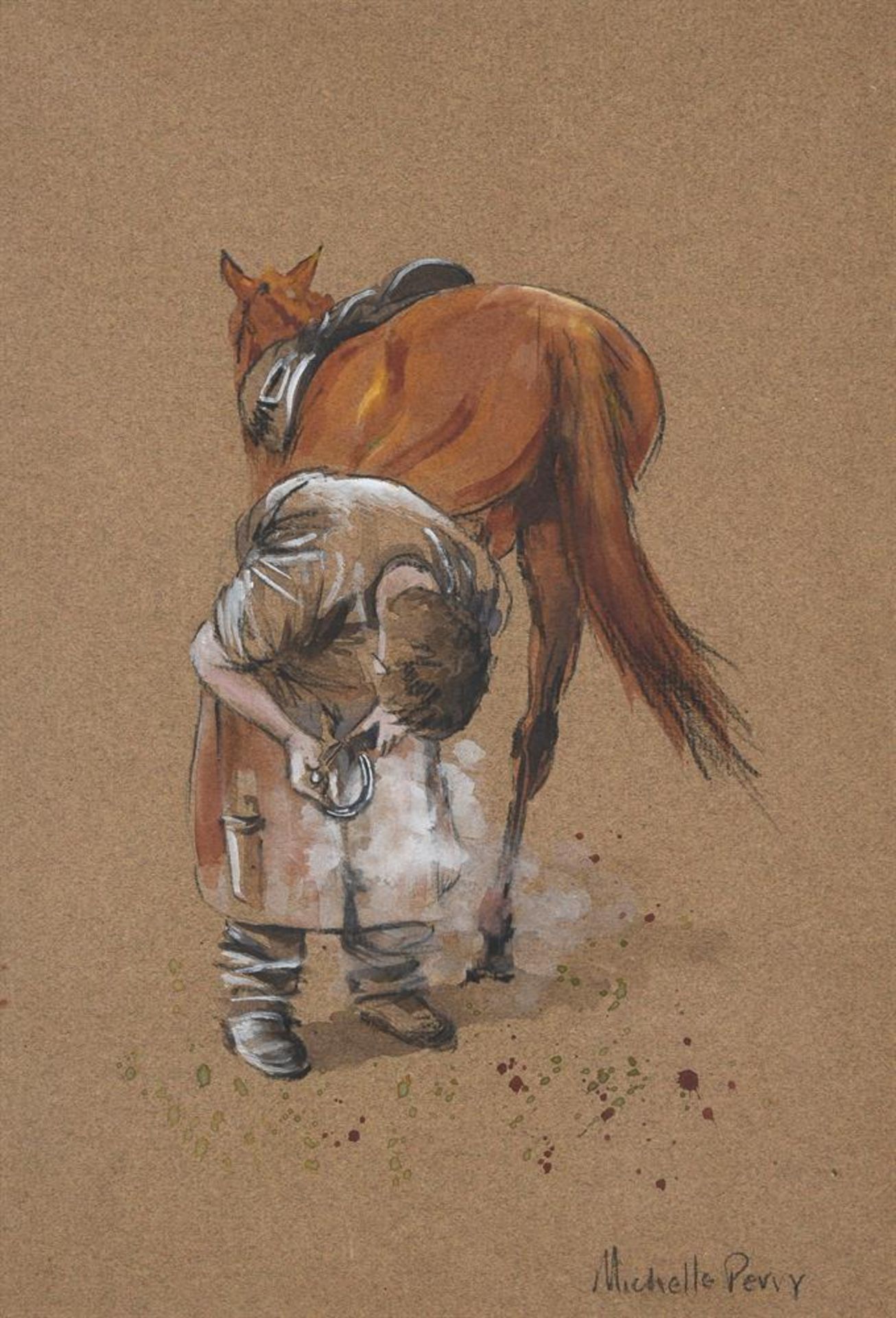 λ MICHELLE PERRY (BRITISH 20TH CENTURY), SHOEING A HORSE, A PAIR - Image 2 of 3