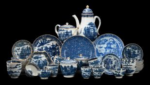 A CAUGHLEY PORCELAIN BLUE AND WHITE PRINTED AND GILT COMPOSITE PART TEA AND COFFEE SERVICE