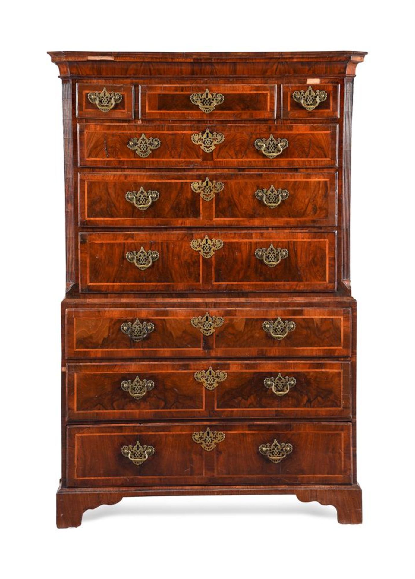 A GEORGE II FIGURED WALNUT AND FEATHER BANDED CHEST ON CHEST