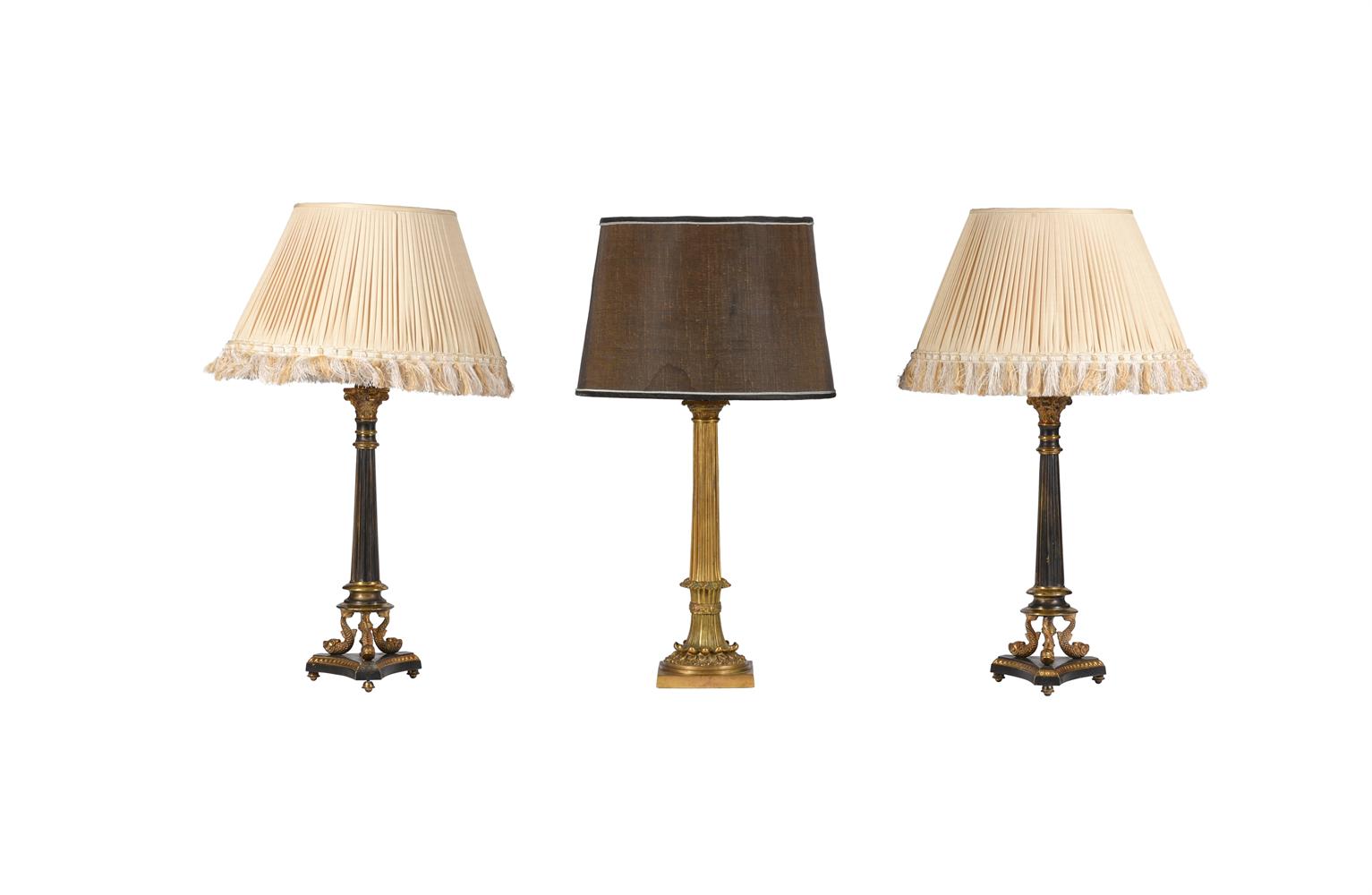 A PAIR OF GILT AND PATINATED METAL TABLE LIGHTS IN LOUIS PHILIPPE TASTE