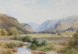 HARRY SUTTON PALMER (BRITISH 1854-1933), UPLAND RIVER LANDSCAPE WITH MOUNTAINS BEYOND