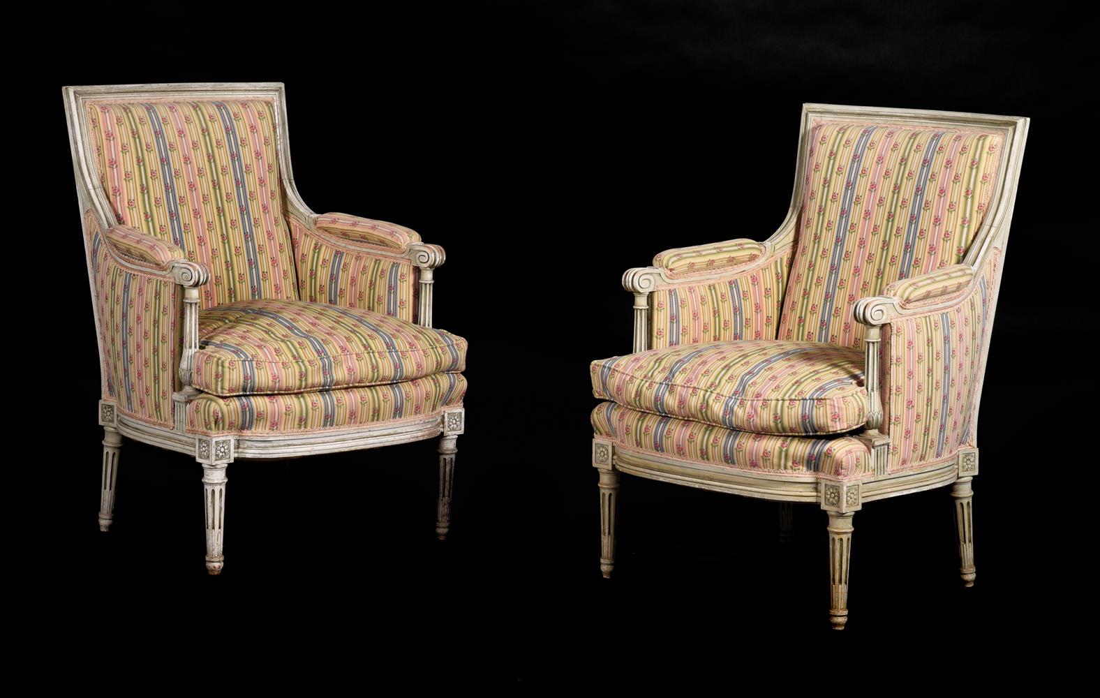 A PAIR OF GREEN PAINTED AND UPHOLSTERED ARMCHAIRS IN LOUIS XVI STYLE