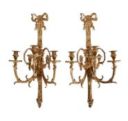 A PAIR OF GILT BRONZE THREE LIGHT WALL APPLIQUES IN LOUIS XVI STYLE