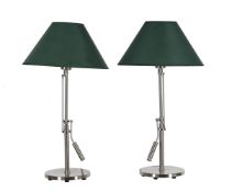 A PAIR OF WHITE COMPANY BRUSHED STEEL ADJUSTABLE TABLE LAMPS WITH GREEN SHADES