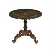 A CHINOISERIE BLACK LACQUERED AND GILT AND PAINTED TRIPOD TABLE